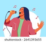 A flat vector illustration of a bold young girl singing expressively with a wired microphone.