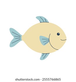 Flat vector illustration of a Bolivian Ram fish with pastel yellow body, blue markings, simple fins and tail, minimal design, modern aesthetic