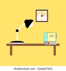 Flat vector illustration of a book on a table with clock on the wall, stationery and lamp. Concept of reading for exams, studying for exams, homework, student elements, learning, education.