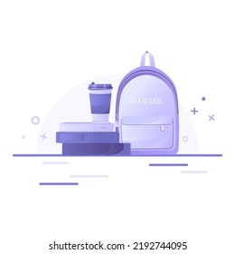 Ilustración vectorial plana con libros, taza de café y mochila sobre fondo abstracto.	De vuelta al concepto de educación escolar o escolar. 