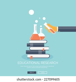 Flat vector illustration with books and flask. Study and learning concept background. Educational research.