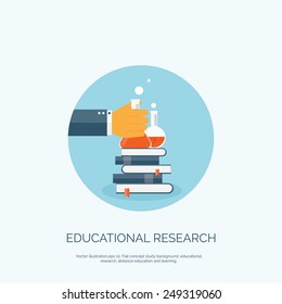 Flat vector illustration with books and flask. Study and learning concept background. Educational research.
