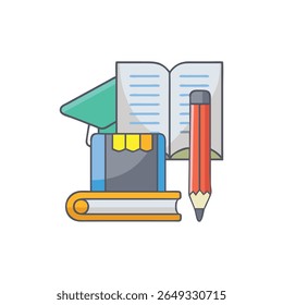 Ilustración vectorial plana con libros, gorra de graduación y lápiz. Simboliza la educación, el aprendizaje y los logros académicos en un estilo colorido y acogedor.