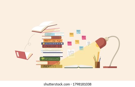 Flat vector illustration of books on table with sticky note on wall, stationery and lamp. Concept of reading for exam, studying for test, homework, student's element, learning, education.