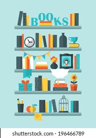 Flat vector illustration of books on shelf