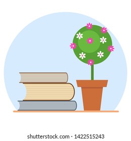 Flat vector illustration of books with the pot of flower