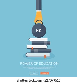Flat vector illustration with books. Study and learning concept background. Distance education, brainstorm and knowledge growth,school and university subjects.Success and smart ideas, skills up. 