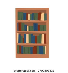 Ilustração vetorial plana de uma estante cheia de livros. Mobiliário para casa ou biblioteca, armazenamento para literatura e aprendizagem. Ampla estante com vários gêneros, criando uma atmosfera de conhecimento.