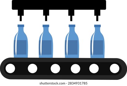Flat vector illustration of bottles moving on a conveyor belt beneath an overhead production mechanism, representing automated manufacturing and industrial production.