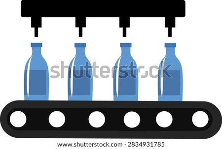Flat vector illustration of bottles moving on a conveyor belt beneath an overhead production mechanism, representing automated manufacturing and industrial production.