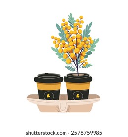 Flat vector illustration of bouquet with cup of coffee to go. Mimosa. Valentine's day or morning celebrations.
