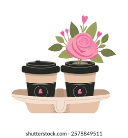 Flat vector illustration of bouquet with cup of coffee to go. Rose. Valentine's day or morning celebrations.