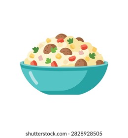 Flat Vector Illustration of a Bowl of Fried Rice with Meatballs and Mixed Vegetables Isolated
