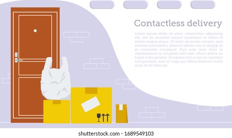 Flat vector illustration: boxes and package near the door. Food delivery during quarantine. Template for website and landing page.
