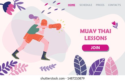 Flat vector illustration of a boxing girl with floral elements. Muay thai lessons. Female character. Template for a landing page, poster, banner. Fight, sport, feminism. 