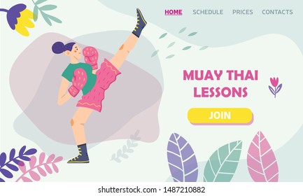 Flat vector illustration of a boxing girl with floral elements. Muay thai lessons. Female character. Template for a landing page, poster, banner. Fight, sport, feminism. 