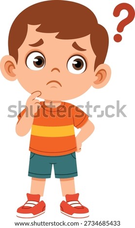 Flat vector illustration of a boy character with a confused facial expression. Suitable for emotion visuals, children education, problem solving themes, social emotional learning, stickers, posters, worksheets, and digital content.