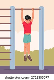 Flache Vektorgrafik von Jungen Kind Fitness-Übung Sport im Freien Gesundheit Training Stärke auf Pull-up-Bar. Junger Athlet entwickelt Muskelkoordination und Ausdauer beim Spielplatztraining