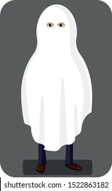 Flat vector illustration of a boy in a ghost costume