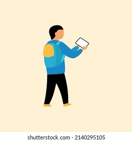 flat vector illustration with a boy holding a laptop in his hands. modern youth and chat. online learning. technology for the school.