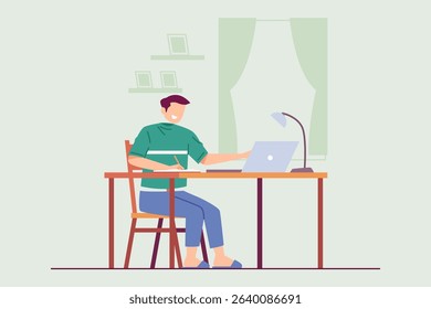 Flat vector illustration of a boy studying online at home using a laptop
