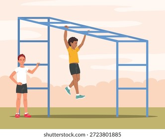 Ilustración vectorial plana de niños ejercicio de fitness deporte actividad de salud al aire libre en el patio de recreo. Los niños entrenan juntos en el marco de escalada desarrollando la coordinación de la fuerza y el trabajo en equipo