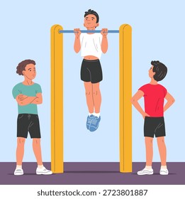 Ilustración vectorial plana de niños ejercicio de fitness deporte deporte al aire libre entrenamiento de salud en la barra de pull up. Niños observando y apoyando a sus amigos durante el entrenamiento desarrollando la coordinación de fuerza