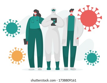 Flat vector illustration of brave doctors and nurses in special isolated protected uniform with coronavirus flying around. Frontline of fighting with covid 19 pandemic and illness