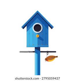 A flat vector illustration of a bright blue birdhouse mounted on a pole with a small brown bird dangling from a chain attached to the perch