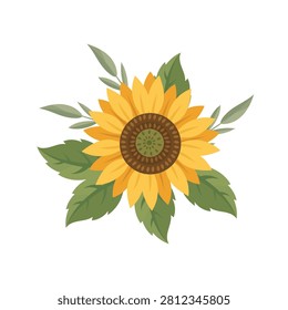 Flat vector illustration of a bright sunflower with green leaves and delicate foliage. Botanical floral design isolated on a white background for seasonal decor.