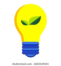 Flat vector illustration of a bright yellow light bulb with green leaves, symbolizing eco energy, sustainability, and environmental innovation.