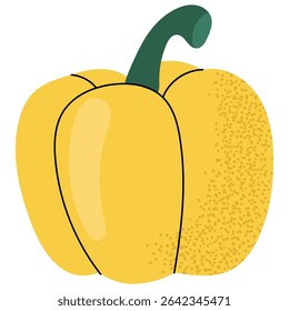 Flat vector illustration of a bright yellow bell pepper with a green stem. Great for healthy eating themes, kitchen designs and food projects.