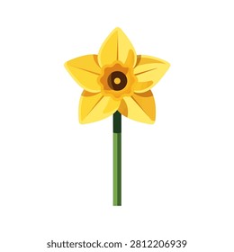 A flat vector illustration of a bright yellow daffodil flower with a green stem and brown center