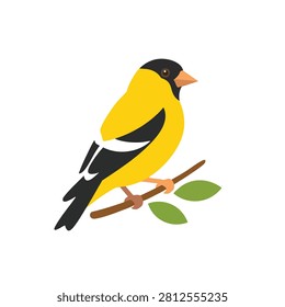 A flat vector illustration of a bright yellow American goldfinch with black wings sitting on a simple brown branch with green leaves.