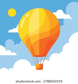 A flat vector illustration of a brightly colored orange and yellow hot air balloon with a passenger basket floating in the air.