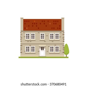 Flat vector illustration of British countryside house. English style stone Georgian cottage