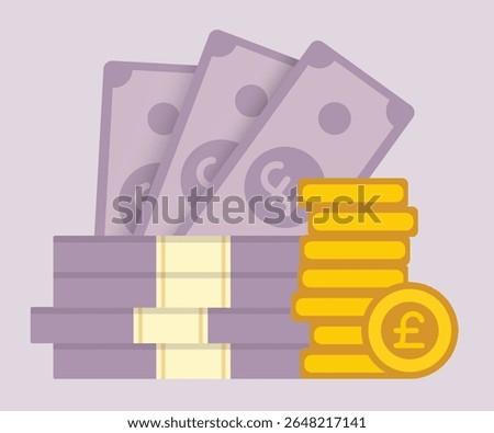  Flat vector illustration of British pound currency notes and gold coin stack on solid background