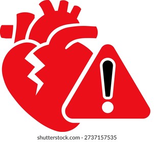 Flat vector illustration of broken human heart with warning sign. Concept of heart attack risk, cardiovascular emergency, cardiac disease alert, medical warning system, healthcare awareness, and urgent treatment.