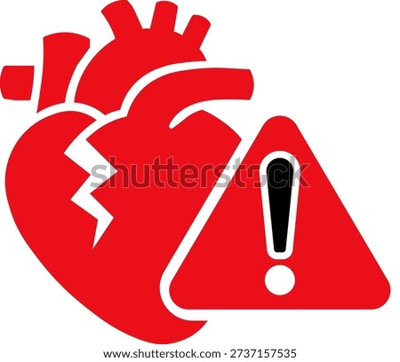 Flat vector illustration of broken human heart with warning sign. Concept of heart attack risk, cardiovascular emergency, cardiac disease alert, medical warning system, healthcare awareness, and urgent treatment.