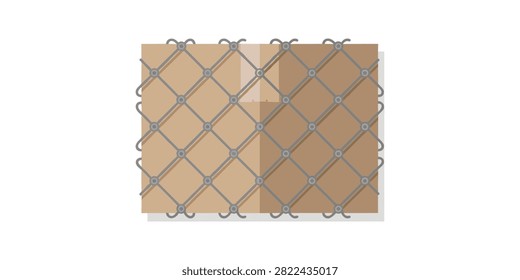 A flat vector illustration of a brown cardboard shipping box secured behind a metallic chain link fence or wire mesh grid.