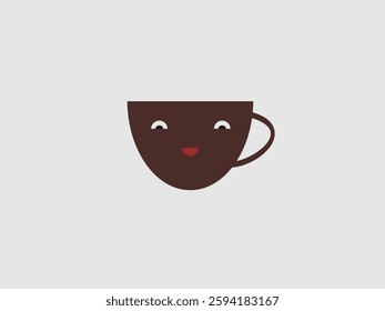 A flat vector illustration of a brown coffee cup with a smiling face