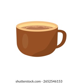 Ilustração vetorial plana de uma xícara de café marrom preenchida com bebida quente, ideal para marca de café, design de menu, gráficos de bebida matinal e projetos criativos relacionados a alimentos ou bebidas.