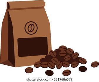 Flat vector illustration of a brown craft paper coffee bag packaging alongside a pile of roasted coffee beans. Perfect for coffee roastery branding, cafe product packaging, shop logos, web banners, and menu design.