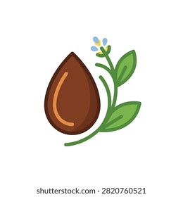 A flat vector illustration of a brown essential oil droplet beside a stylized green lavender plant with small blue flowers on a white background