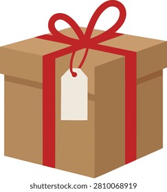 A flat vector illustration of a brown gift box tied with a red ribbon and a blank white tag, presented as a distinctive silhouette.