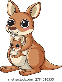 A flat vector illustration of a brown kangaroo mother with a joey on white