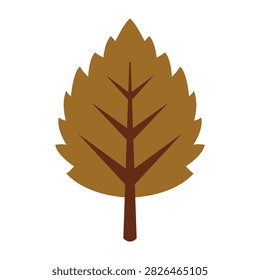 A flat vector illustration of a brown leaf with a central stem and symmetrical veins on a plain white background