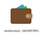 A flat vector illustration of a brown leather wallet with blue and green credit cards sticking out, isolated on white background.
