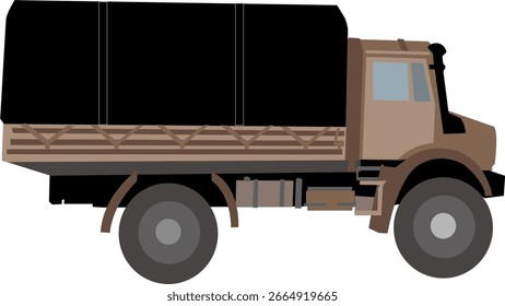 A flat vector illustration of a brown military cargo truck with a black covered back and rugged design