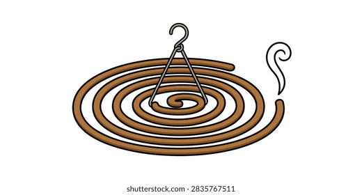 A flat vector illustration of a brown mosquito repellent coil hanging from a metal stand, emitting a small wisp of smoke.
